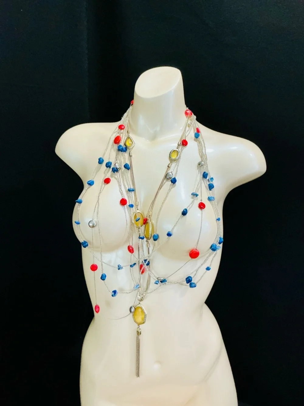 Chico's Multistrand Beaded Necklace in Blue, Red & Yellow Sexy Boho Beach Chic